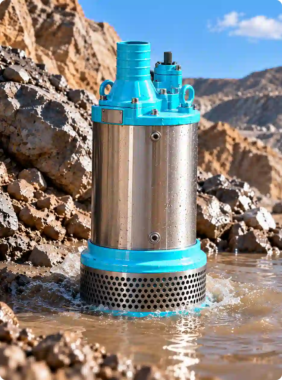 Electrobomba sumergible de achique y drenaje con impulsor de acero al cromo extrayendo agua en una zona de excavación minera.