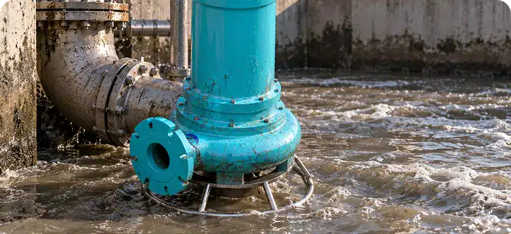 Electrobomba sumergible operando en un sistema de saneamiento y tratamiento de aguas residuales urbanas.